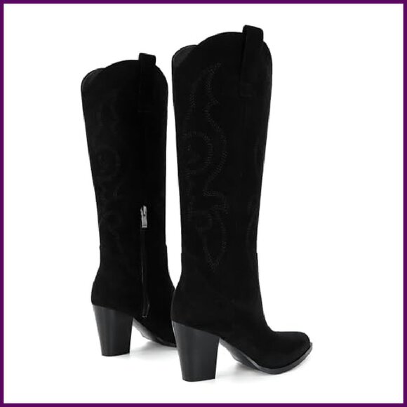 Women's Suede Embroidered Knee High Cowboy Boots Chunky Heel Pull On - Picture 7 of 7
